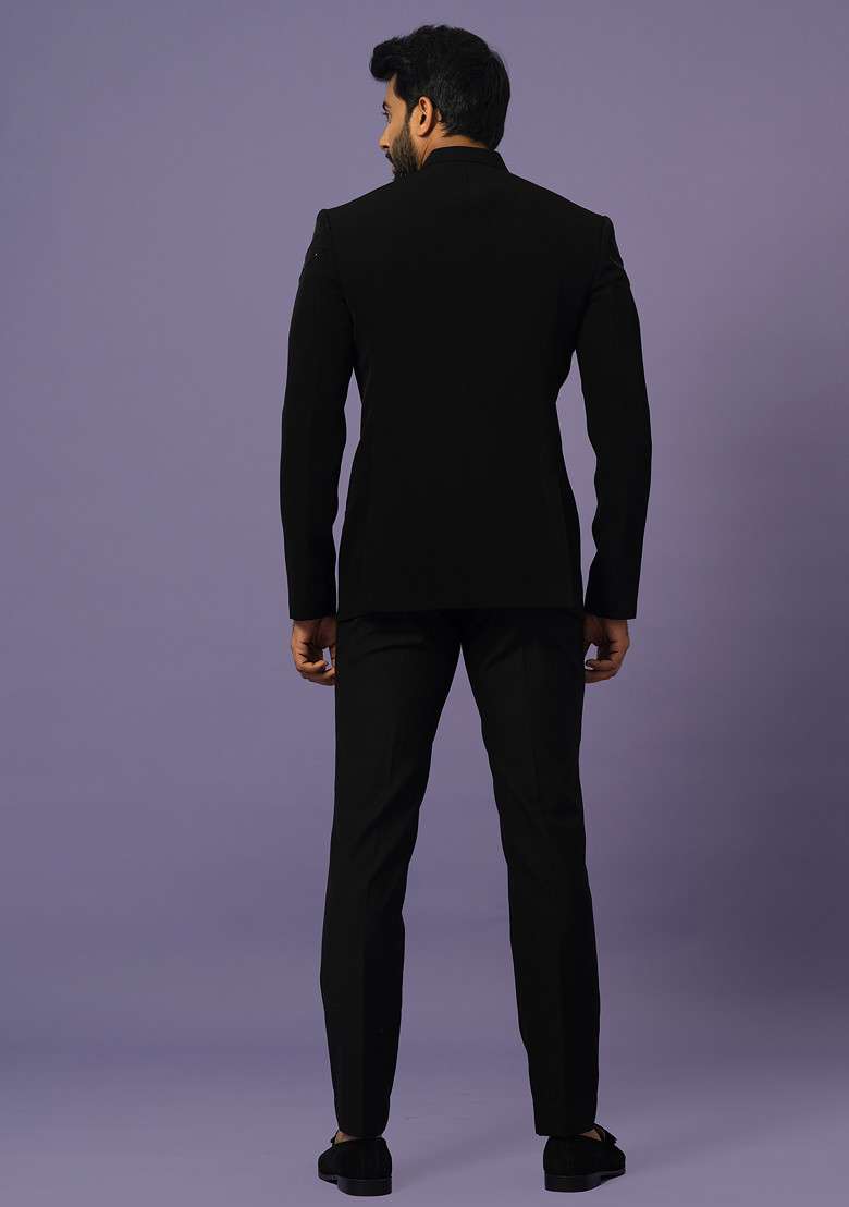Black Embroidered Suiting Fabric Bandhgala Set For Men - Indya