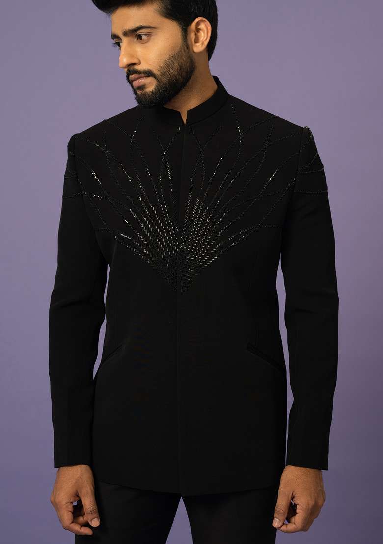 Black Embroidered Suiting Fabric Bandhgala Set For Men - Indya