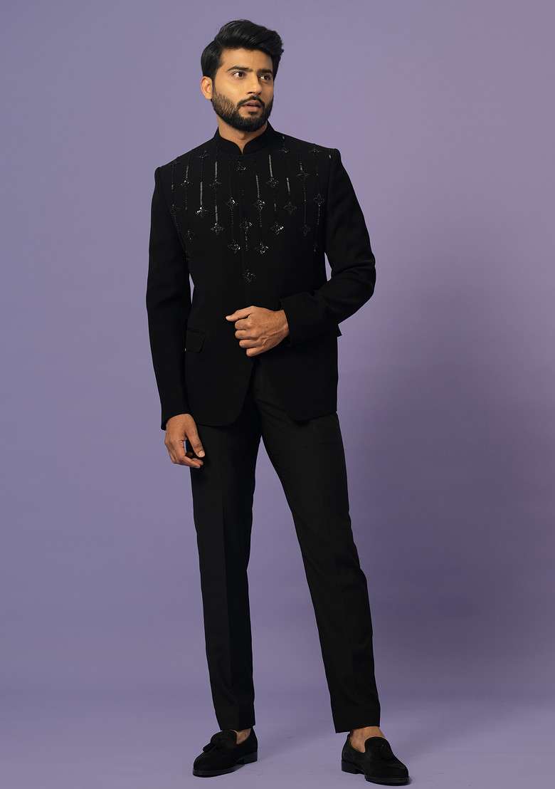 Black Embroidered Bandhgala Set For Men - Indya