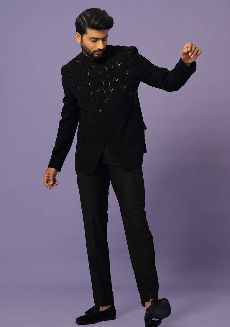 Black Embroidered Bandhgala Set For Men - Indya