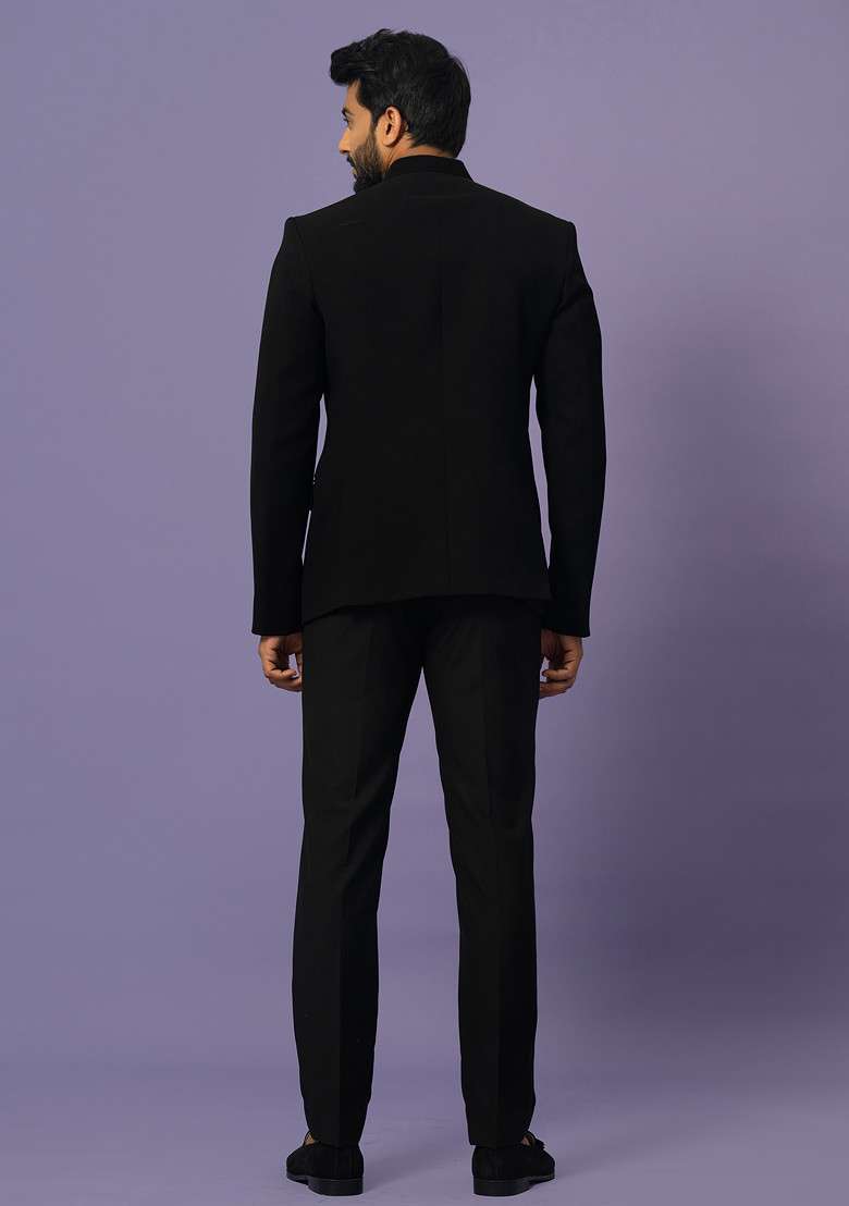 Black Embroidered Bandhgala Set For Men - Indya