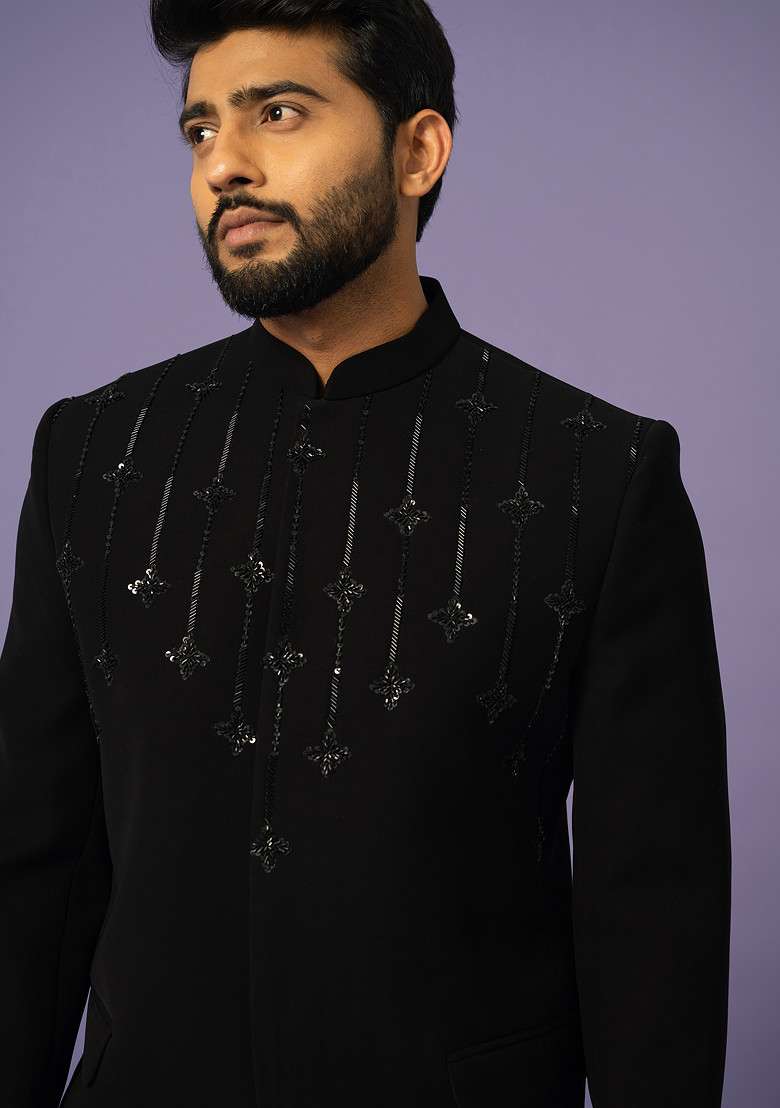 Black Embroidered Bandhgala Set For Men - Indya