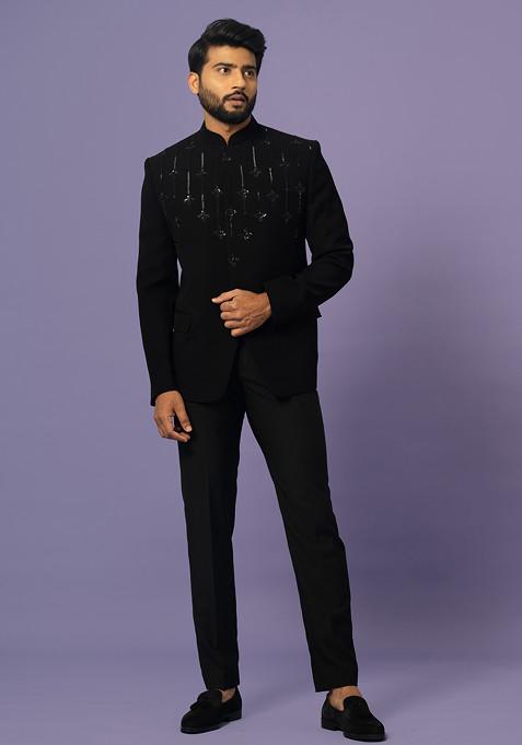 Black Embroidered Bandhgala Set For Men