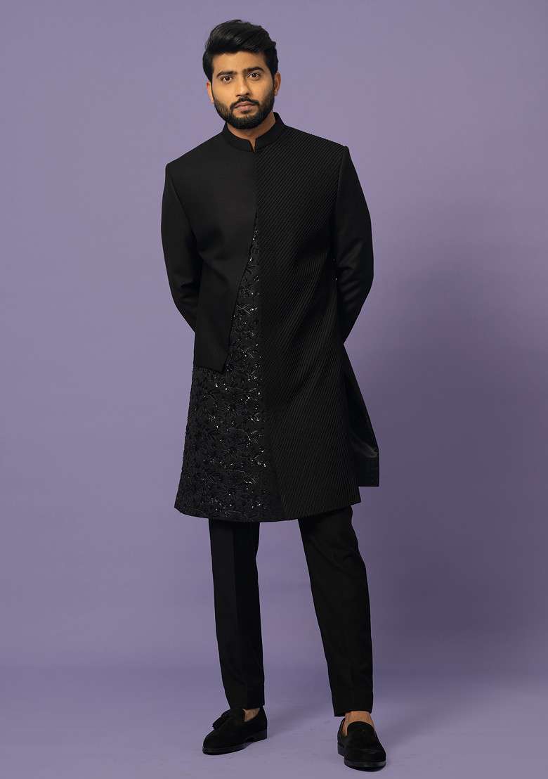 Black Embroidered Suiting Fabric Achkan Set For Men - Indya