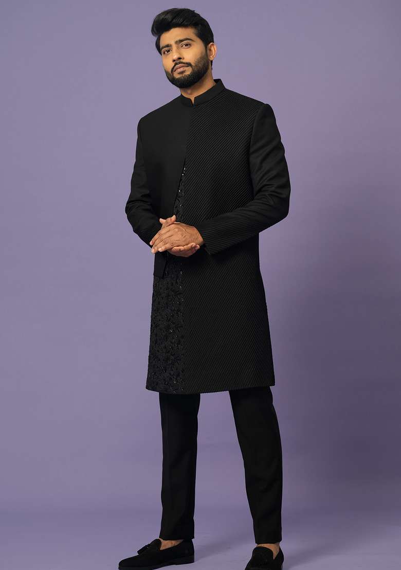 Black Embroidered Suiting Fabric Achkan Set For Men - Indya