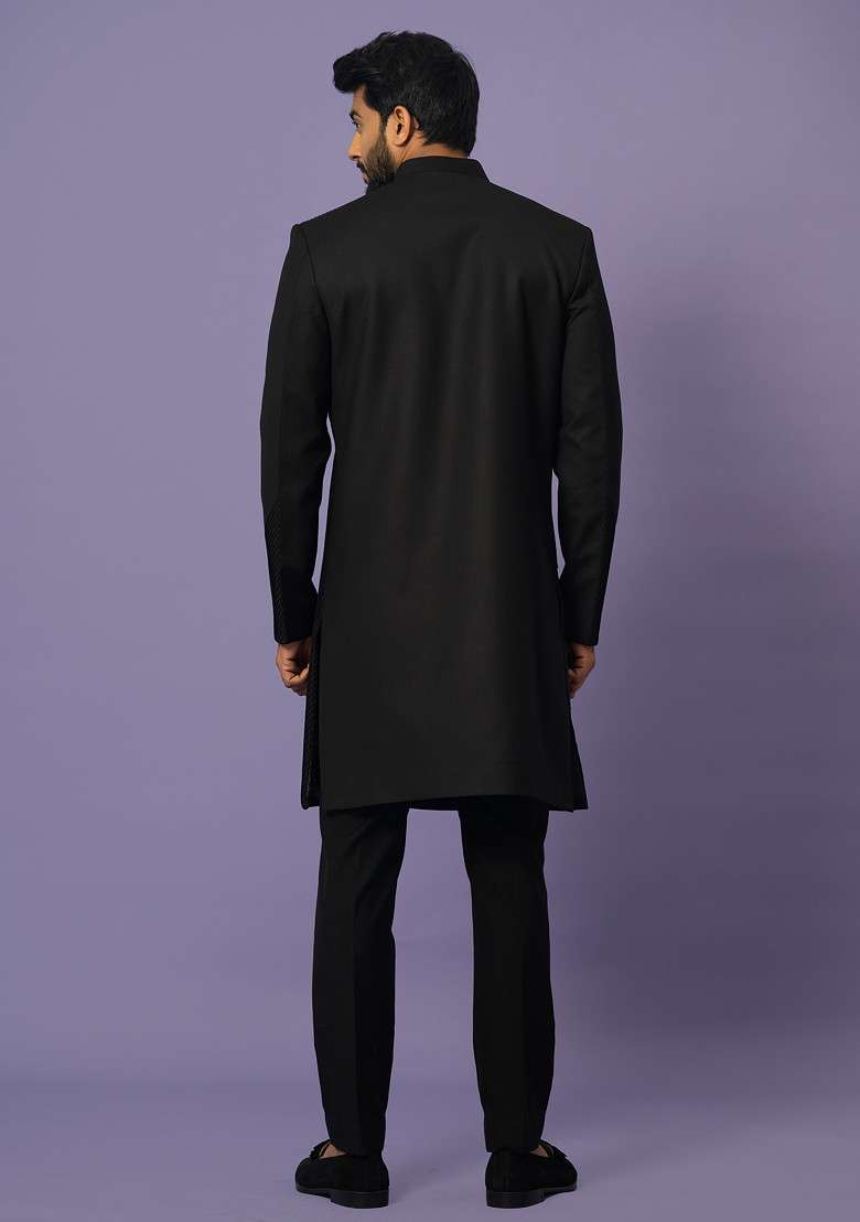 Black Embroidered Suiting Fabric Achkan Set For Men - Indya
