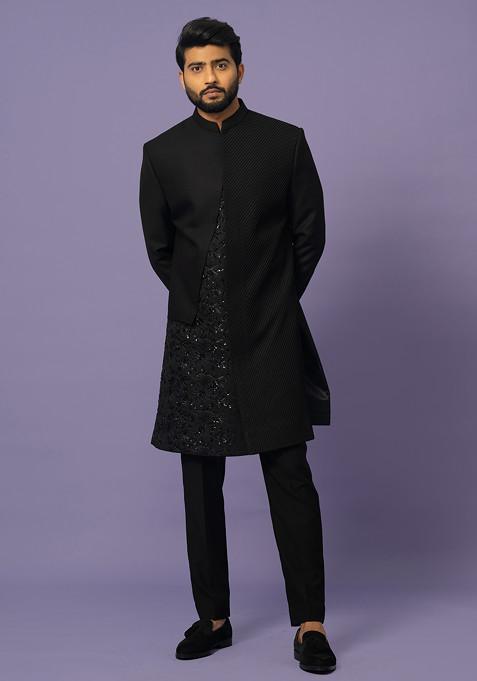 Black Embroidered Suiting Fabric Achkan Set For Men