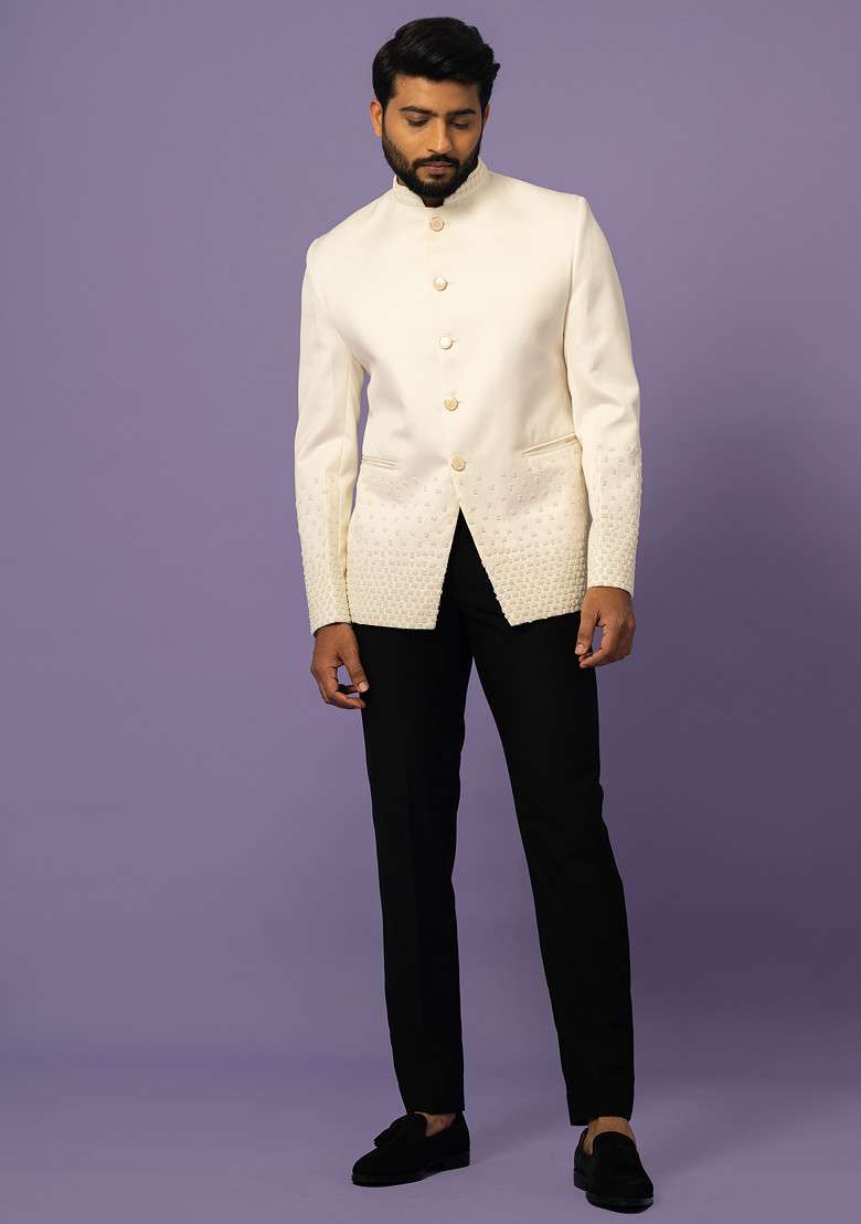 Ivory Embroidered Suiting Fabric Bandhgala Set For Men - Indya