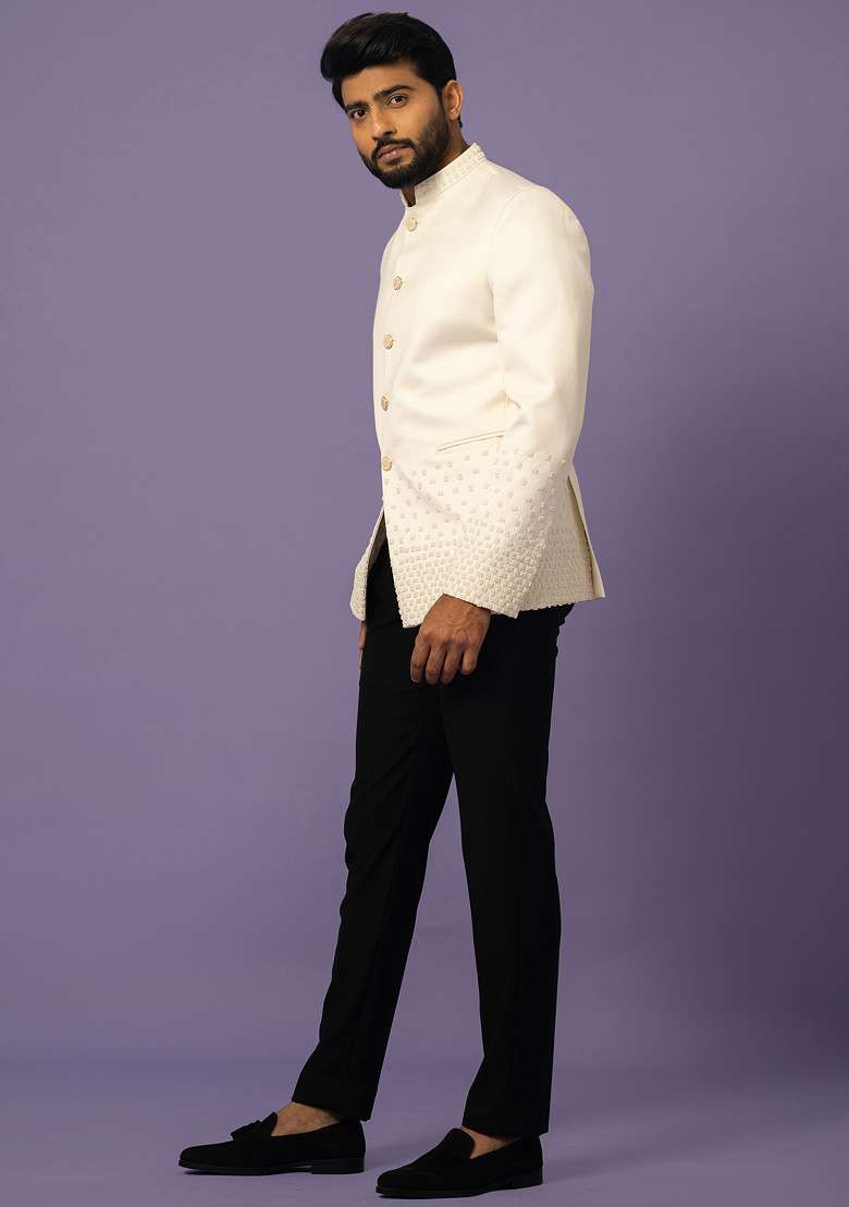 Ivory Embroidered Suiting Fabric Bandhgala Set For Men - Indya