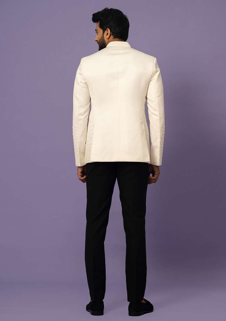 Ivory Embroidered Suiting Fabric Bandhgala Set For Men - Indya
