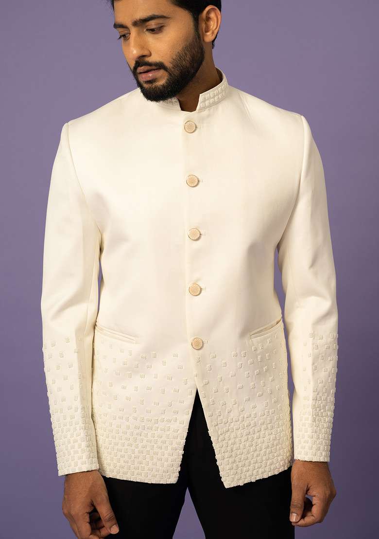 Ivory Embroidered Suiting Fabric Bandhgala Set For Men - Indya
