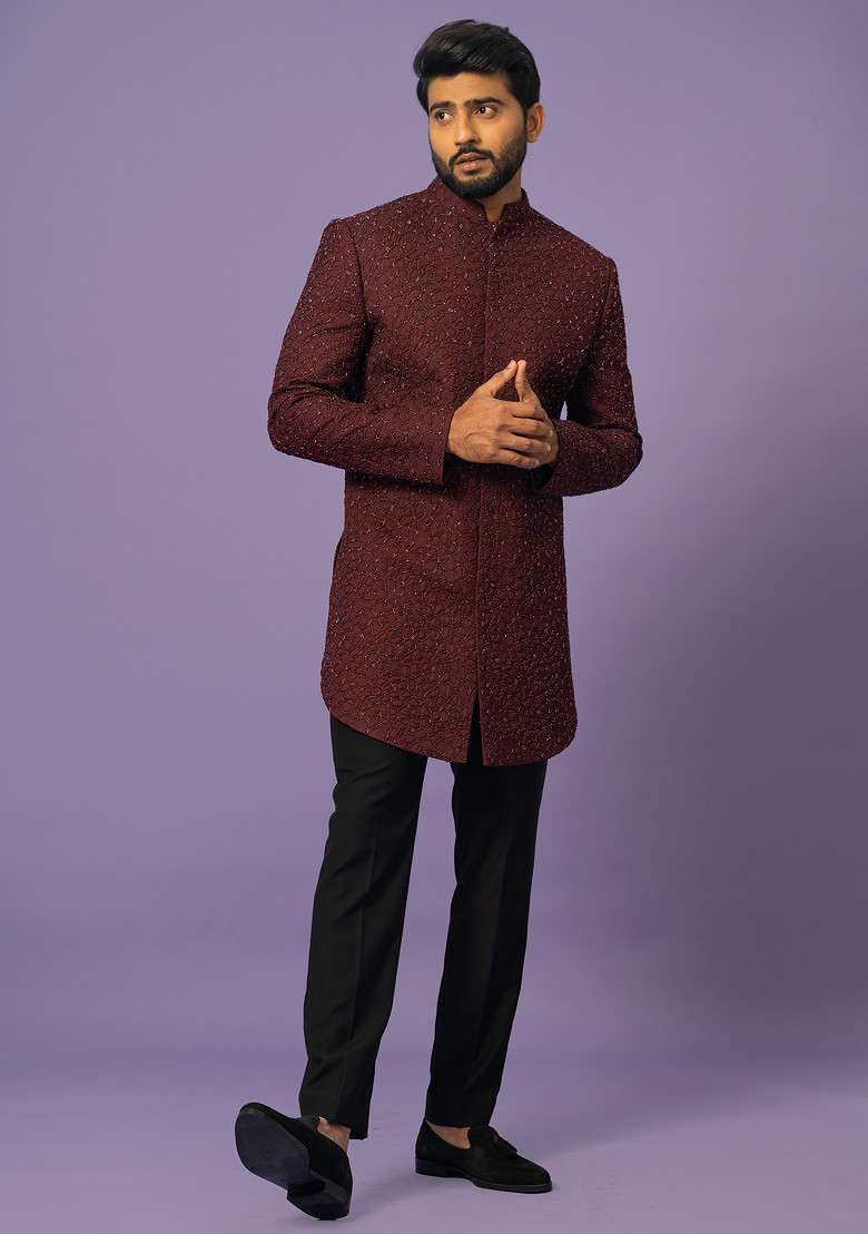 Wine Thread Embroidered Suiting Fabric Achkan Set For Men - Indya