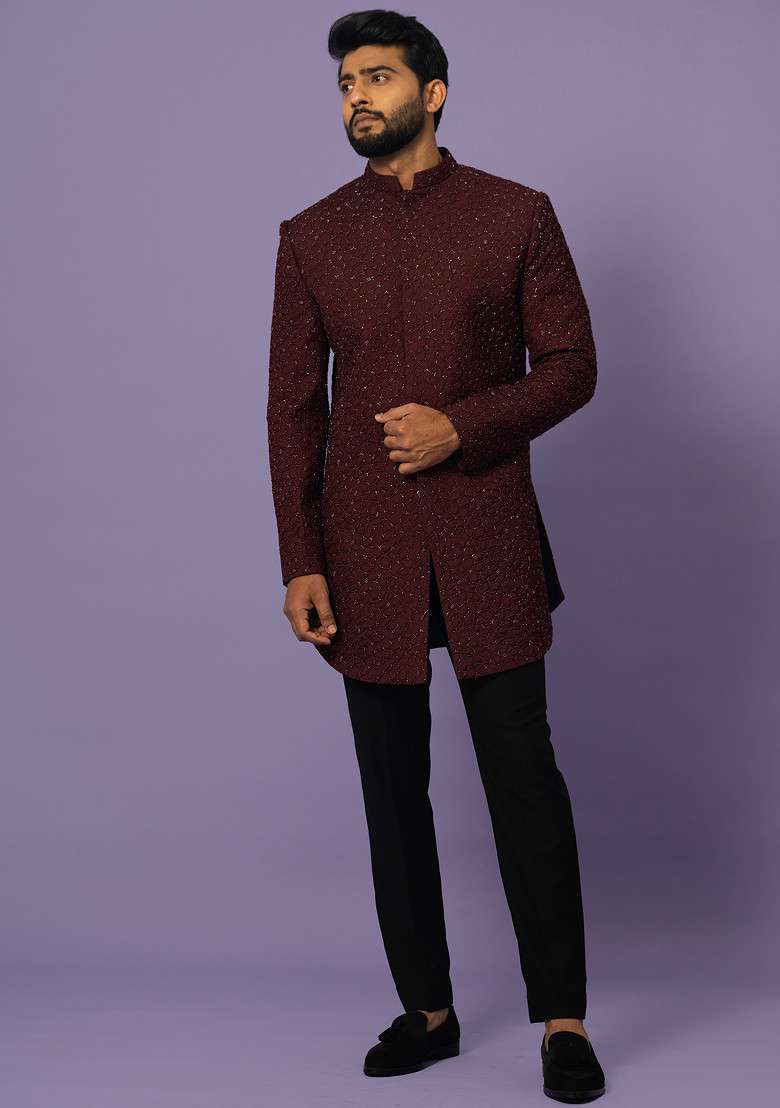 Wine Thread Embroidered Suiting Fabric Achkan Set For Men - Indya