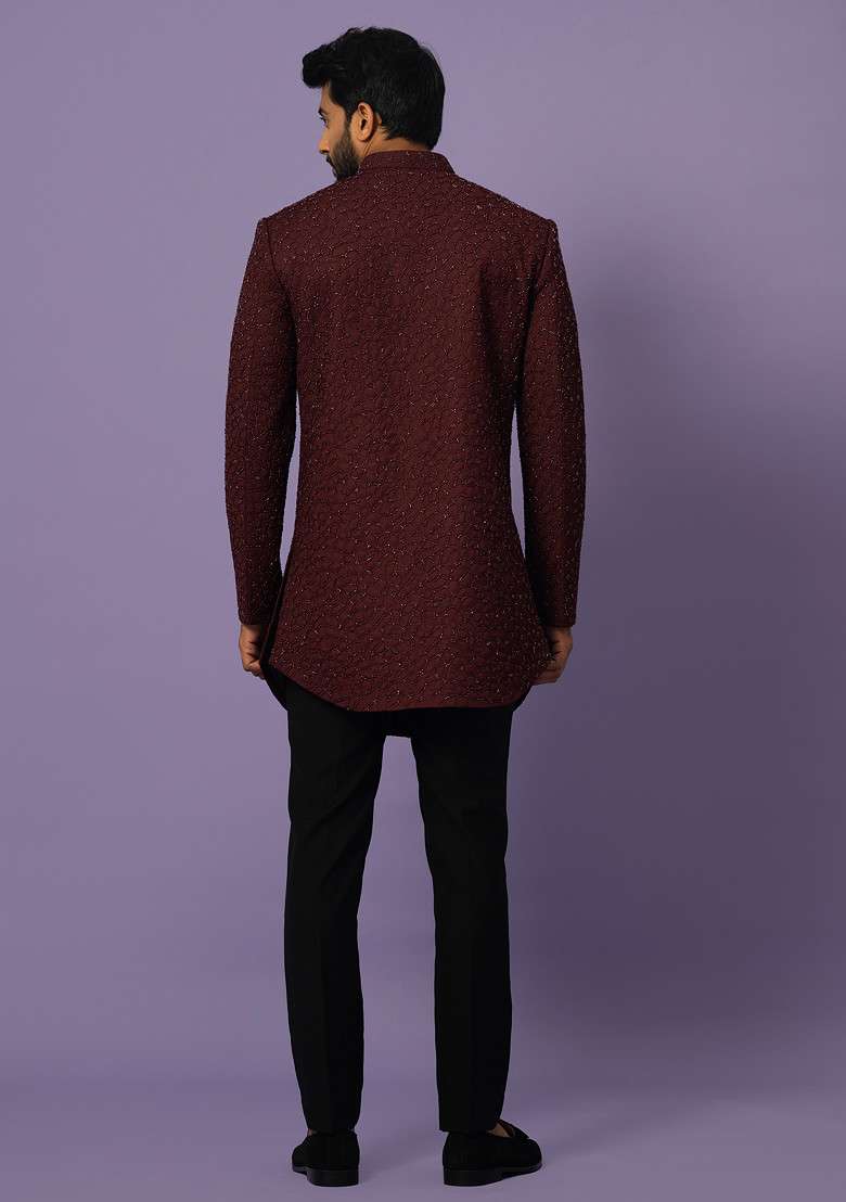 Wine Thread Embroidered Suiting Fabric Achkan Set For Men - Indya