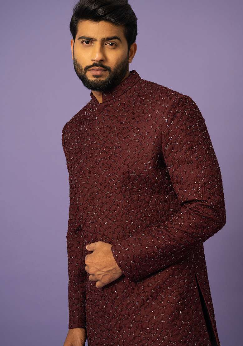Wine Thread Embroidered Suiting Fabric Achkan Set For Men - Indya