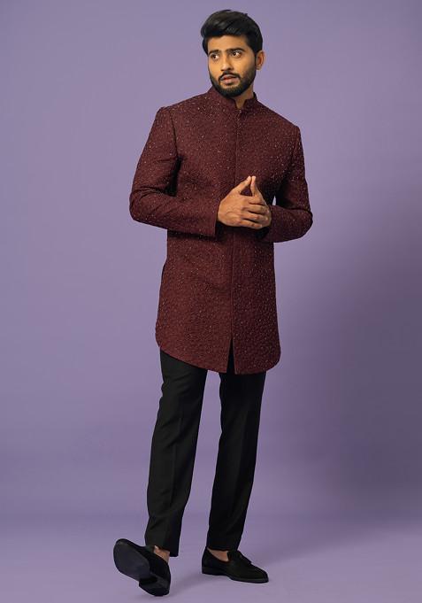 Wine Thread Embroidered Suiting Fabric Achkan Set For Men