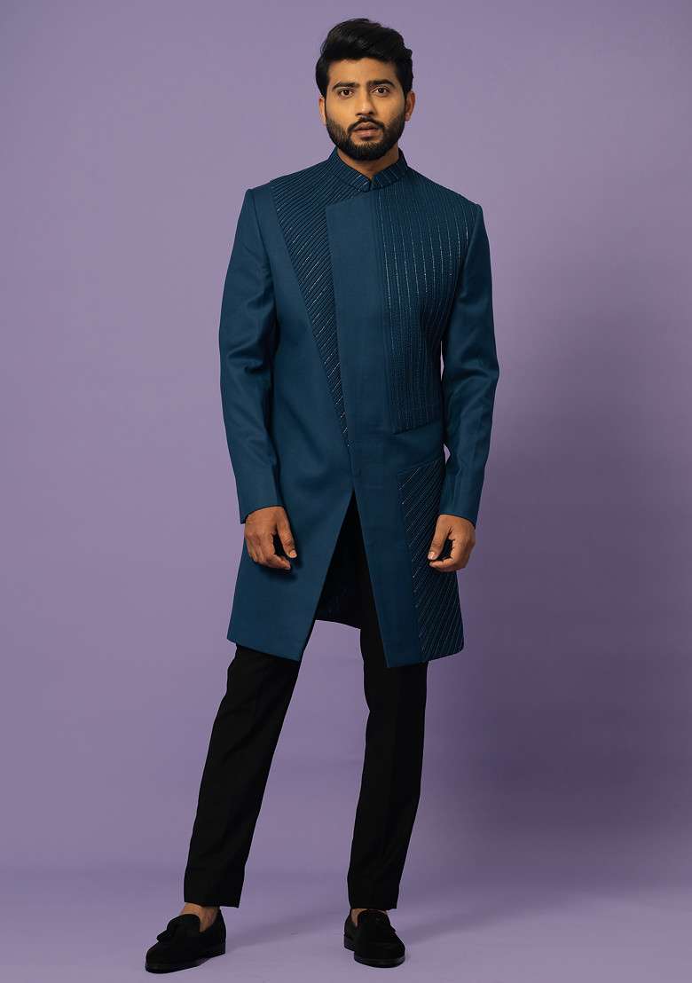 Teal Embroidered Suiting Fabric Achkan Set For Men - Indya