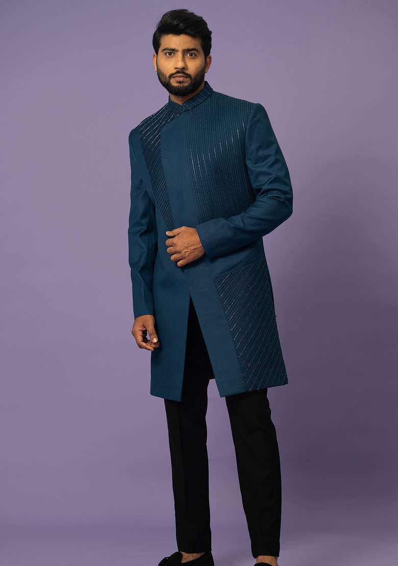 Teal Embroidered Suiting Fabric Achkan Set For Men - Indya