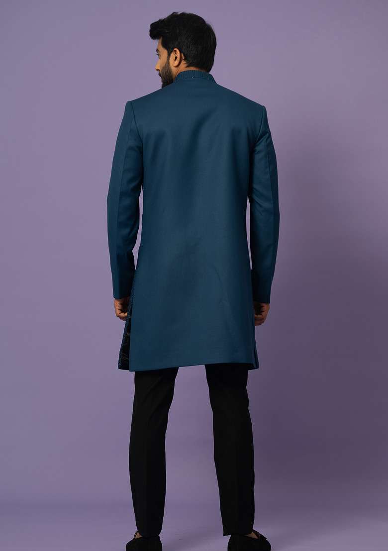 Teal Embroidered Suiting Fabric Achkan Set For Men - Indya