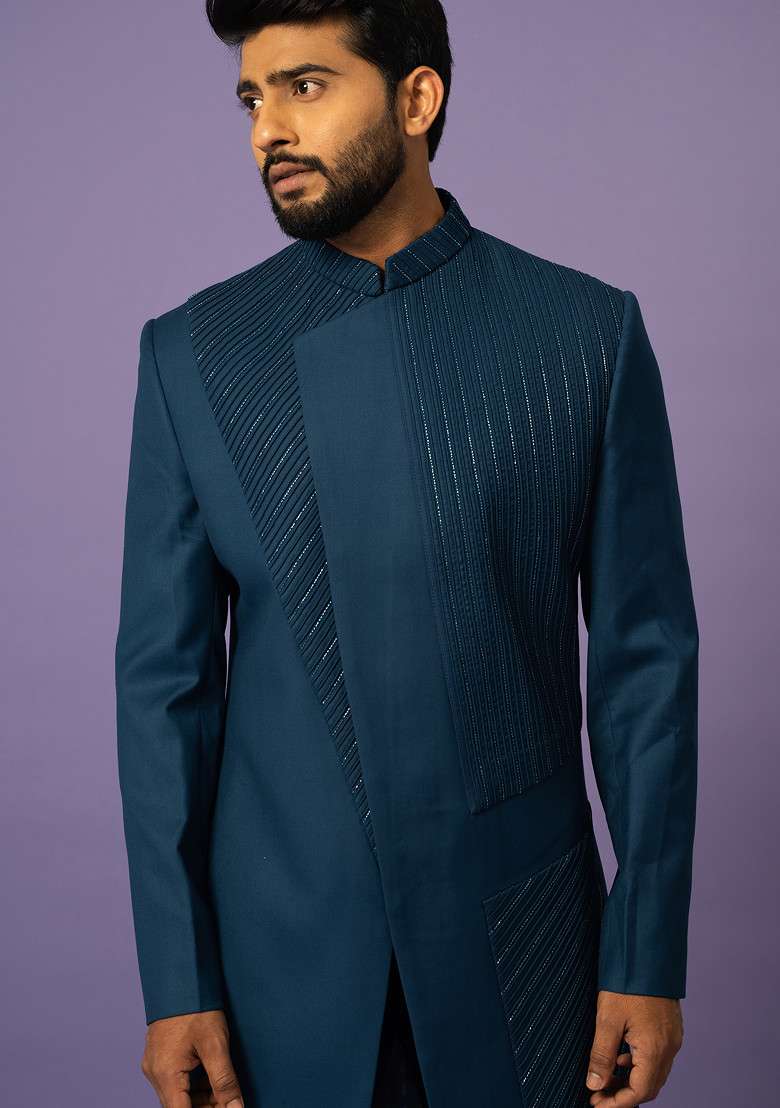 Teal Embroidered Suiting Fabric Achkan Set For Men - Indya