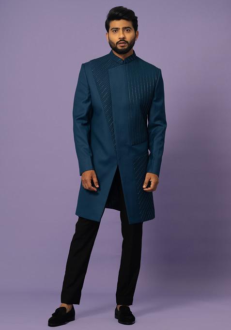 Teal Embroidered Suiting Fabric Achkan Set For Men