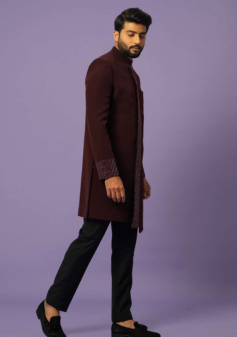 Wine Sequin Embroidered Suiting Fabric Achkan Set For Men - Indya