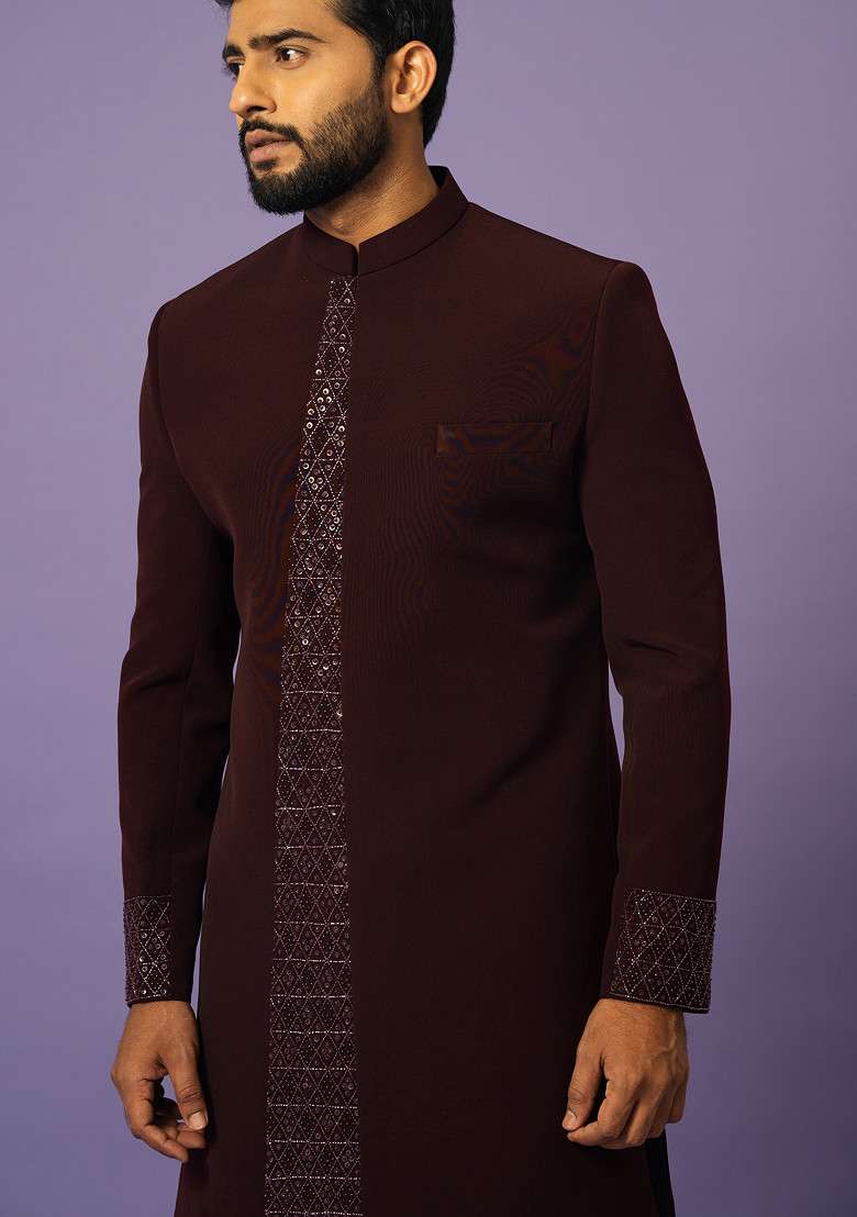 Wine Sequin Embroidered Suiting Fabric Achkan Set For Men - Indya