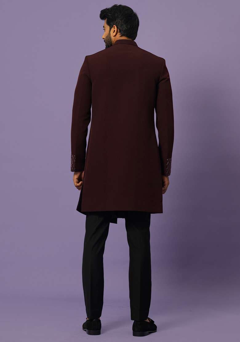 Wine Sequin Embroidered Suiting Fabric Achkan Set For Men - Indya