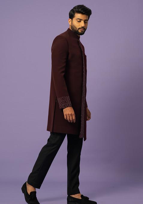 Wine Sequin Embroidered Suiting Fabric Achkan Set For Men