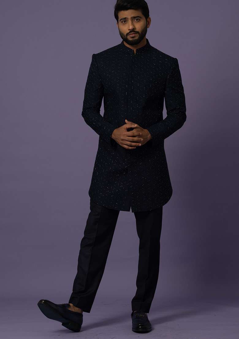 Blue Embroidered Premium Suiting Fabric Achkan Set For Men - Indya