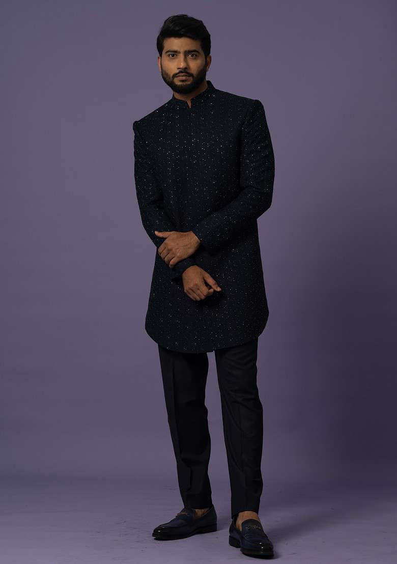 Blue Embroidered Premium Suiting Fabric Achkan Set For Men - Indya