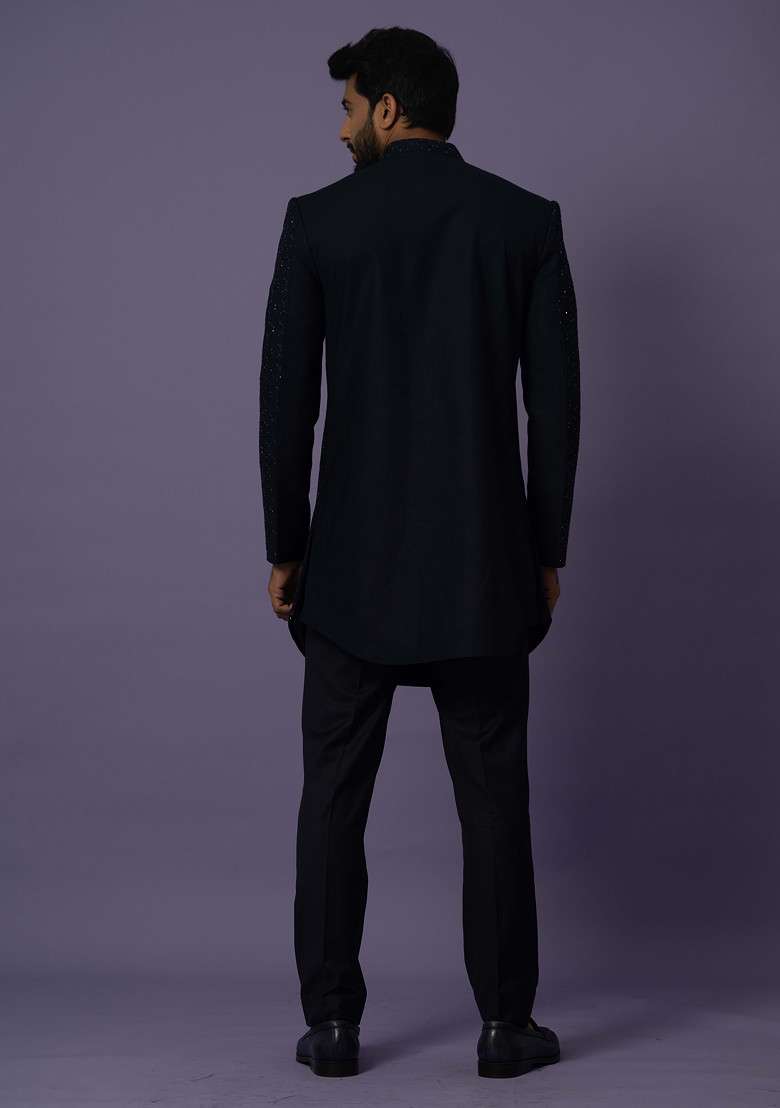 Blue Embroidered Premium Suiting Fabric Achkan Set For Men - Indya