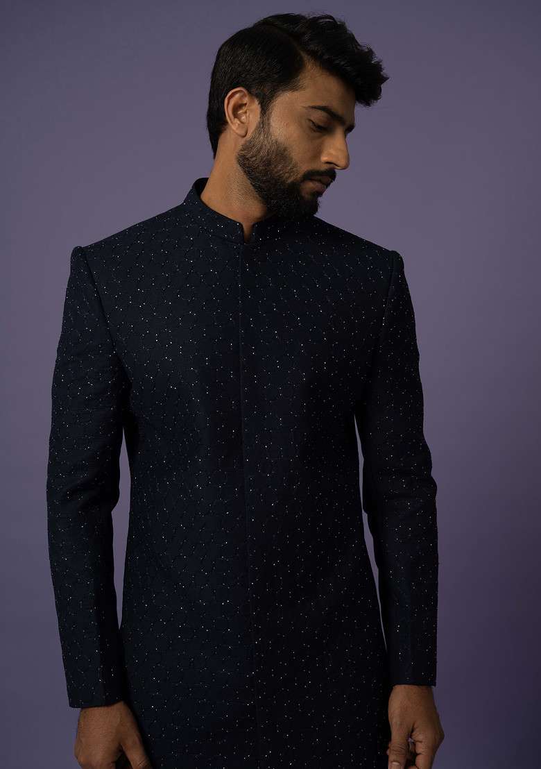 Blue Embroidered Premium Suiting Fabric Achkan Set For Men - Indya