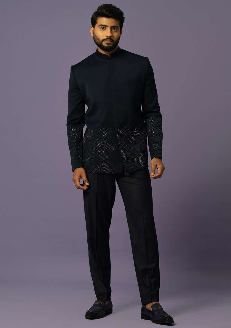 Blue Embroidered Suiting Fabric Bandhgala Set For Men - Indya