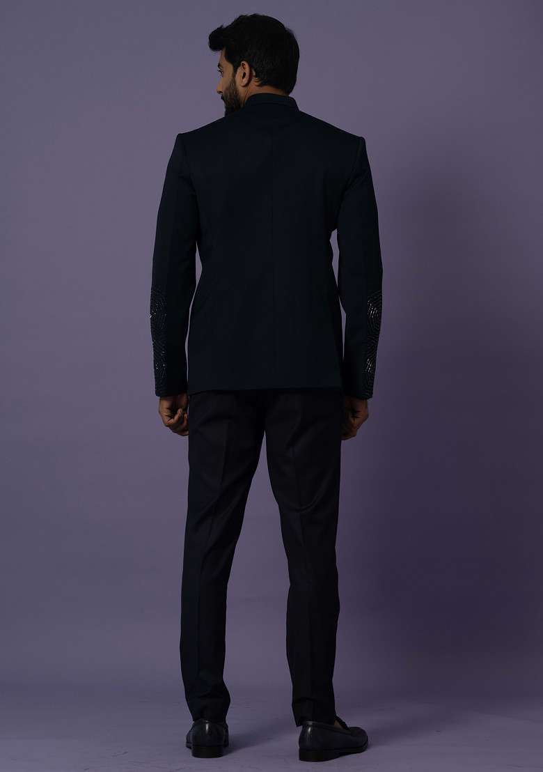 Blue Embroidered Suiting Fabric Bandhgala Set For Men - Indya