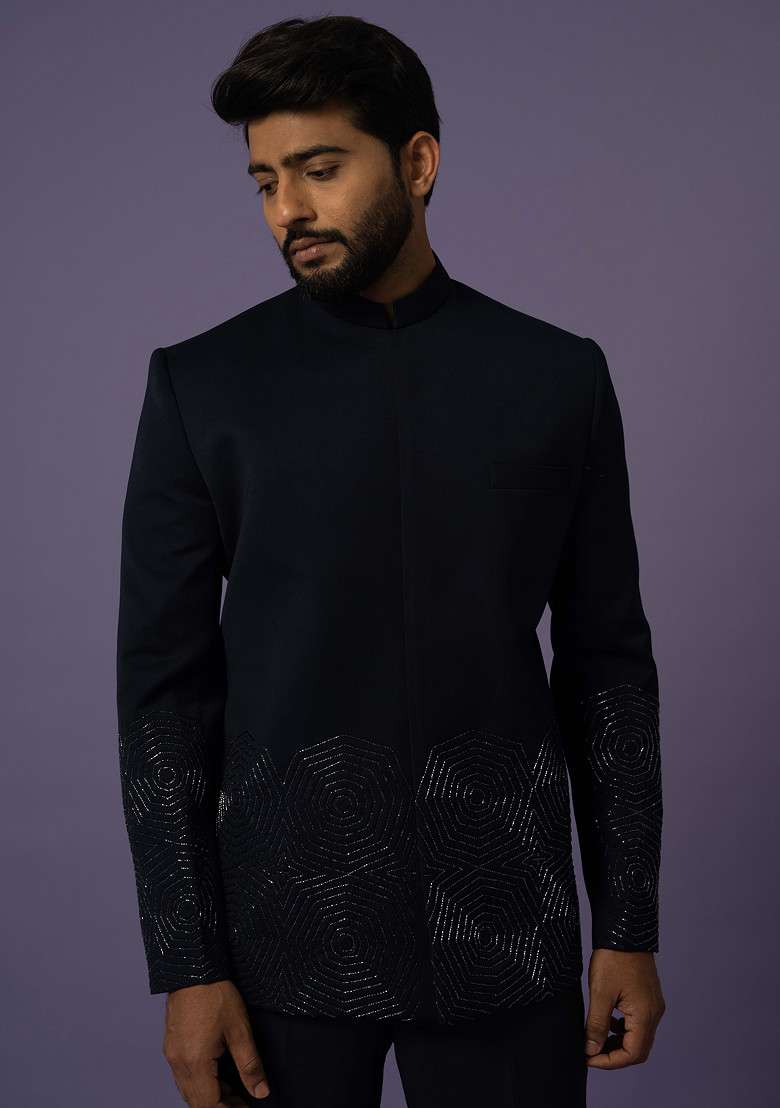 Blue Embroidered Suiting Fabric Bandhgala Set For Men - Indya