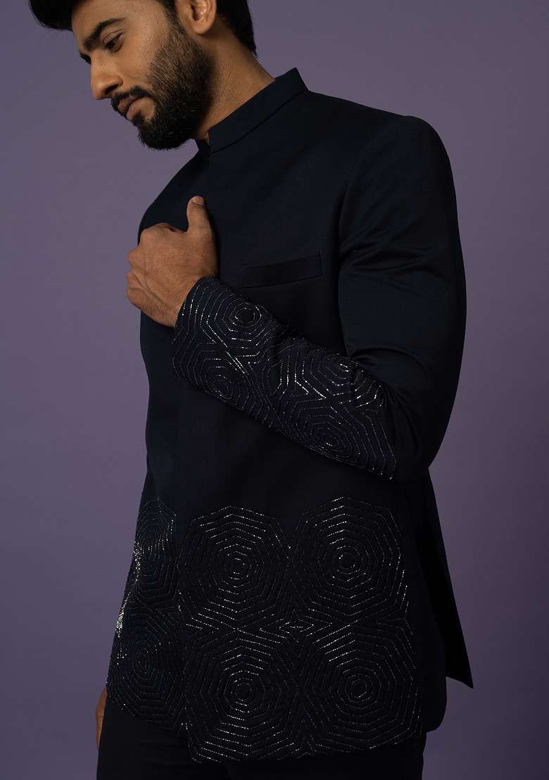 Blue Embroidered Suiting Fabric Bandhgala Set For Men - Indya