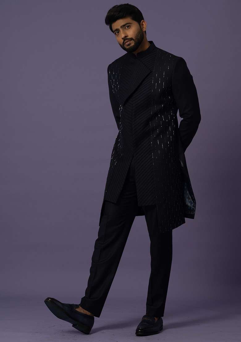 Blue Embroidered Suiting Fabric Achkan Set For Men - Indya