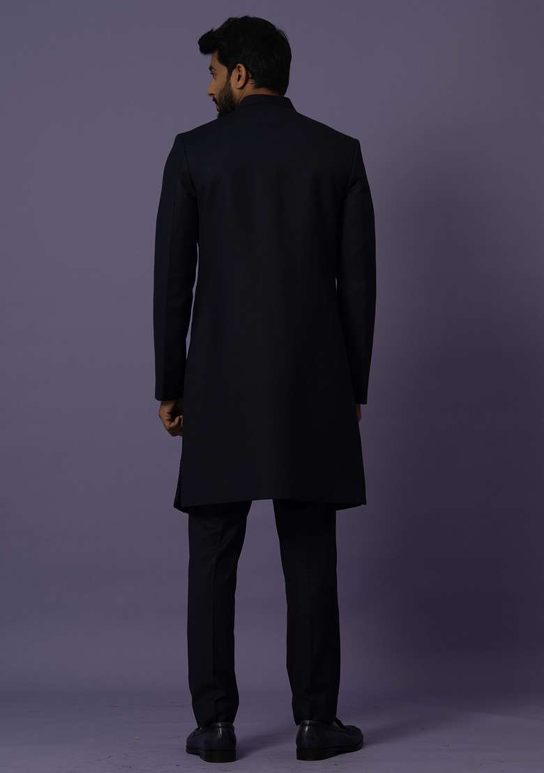 Blue Embroidered Suiting Fabric Achkan Set For Men - Indya