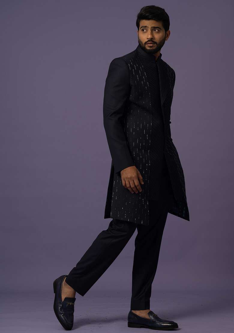 Blue Embroidered Suiting Fabric Achkan Set For Men - Indya