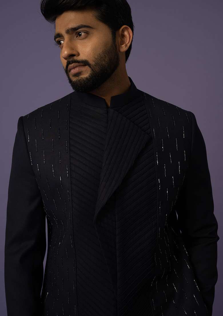 Blue Embroidered Suiting Fabric Achkan Set For Men - Indya