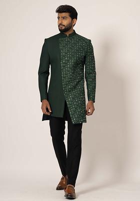 Green Embroidered Suiting Fabric Achkan Set For Men
