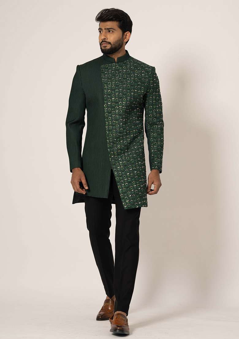 Green Embroidered Suiting Fabric Achkan Set For Men - Indya