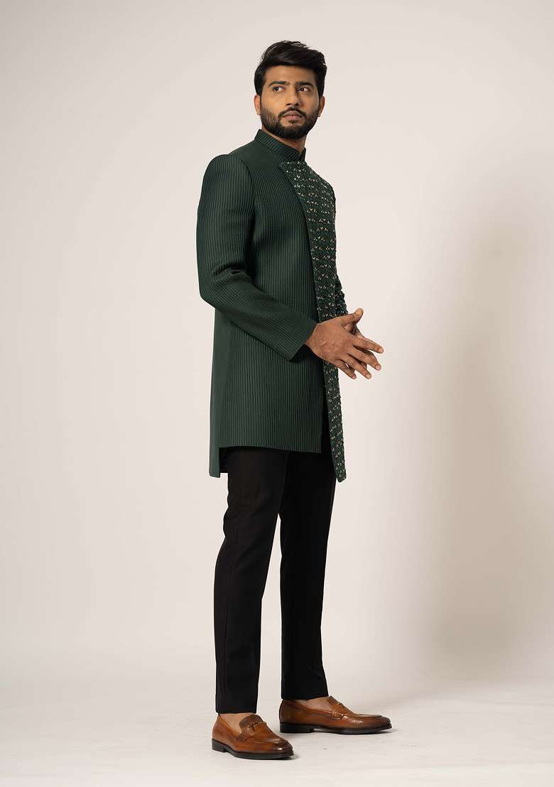 Green Embroidered Suiting Fabric Achkan Set For Men - Indya