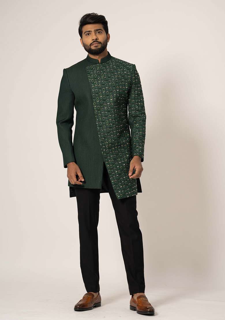 Green Embroidered Suiting Fabric Achkan Set For Men - Indya