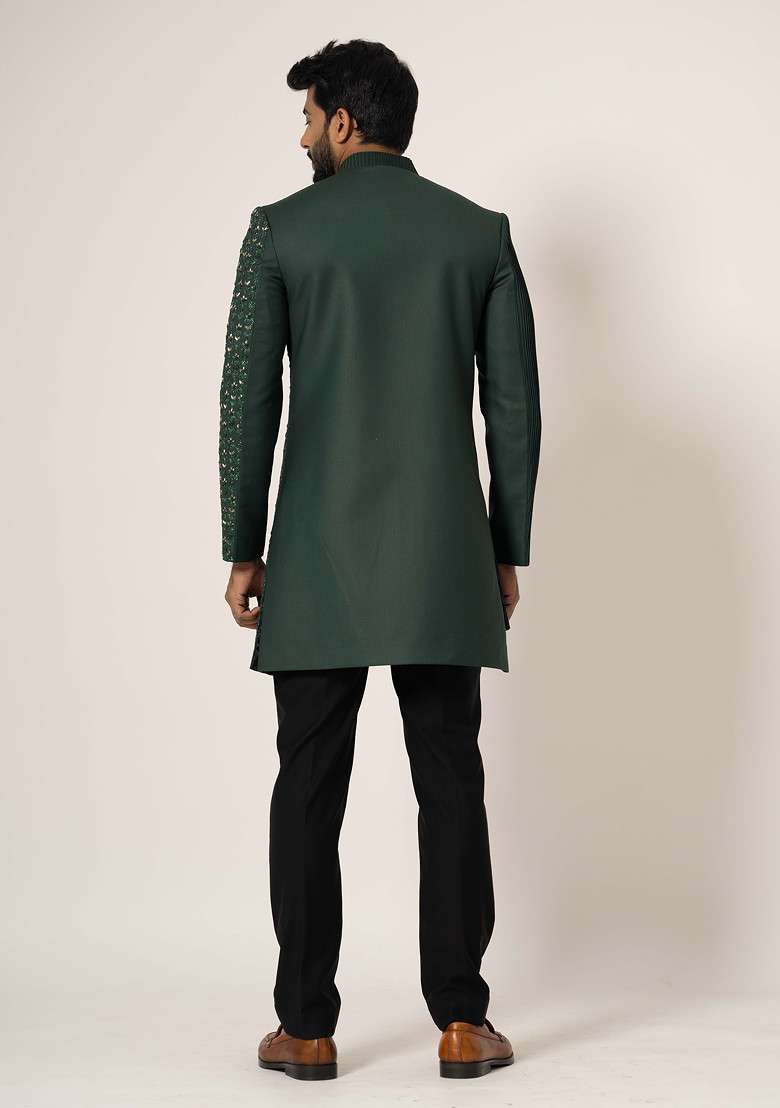 Green Embroidered Suiting Fabric Achkan Set For Men - Indya