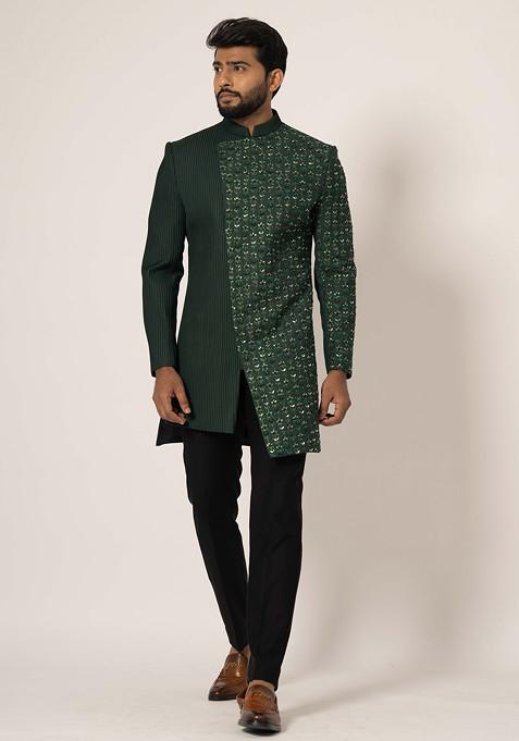 Green Embroidered Suiting Fabric Achkan Set For Men