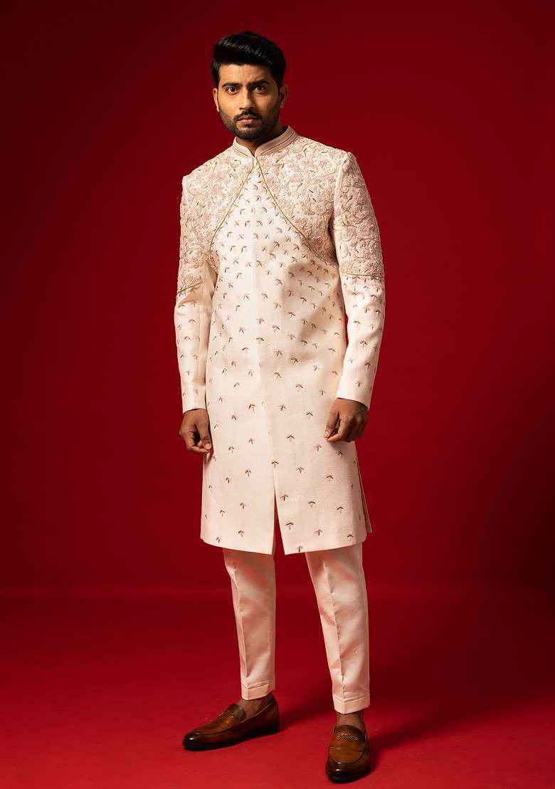 Rose Gold Embroidered Silk Blend Sherwani Set For Men - Indya