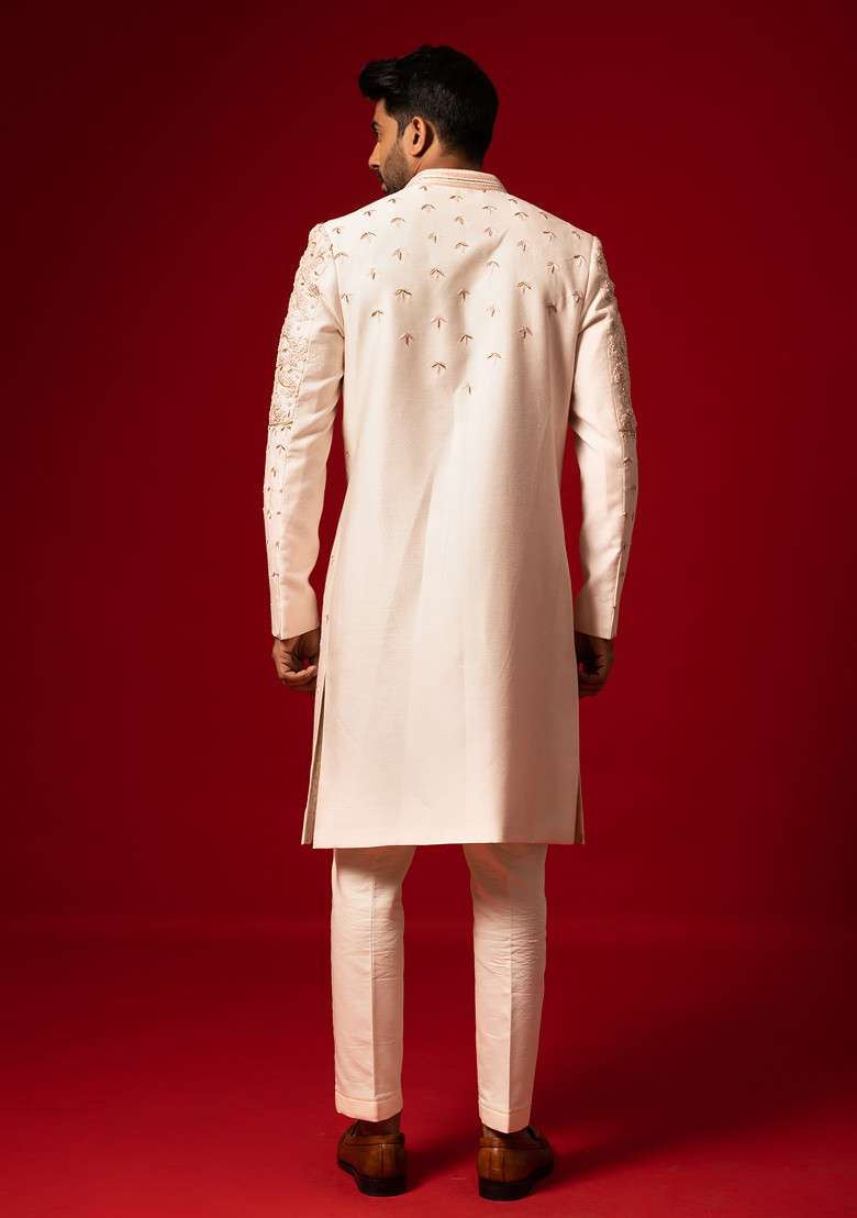 Rose Gold Embroidered Silk Blend Sherwani Set For Men - Indya