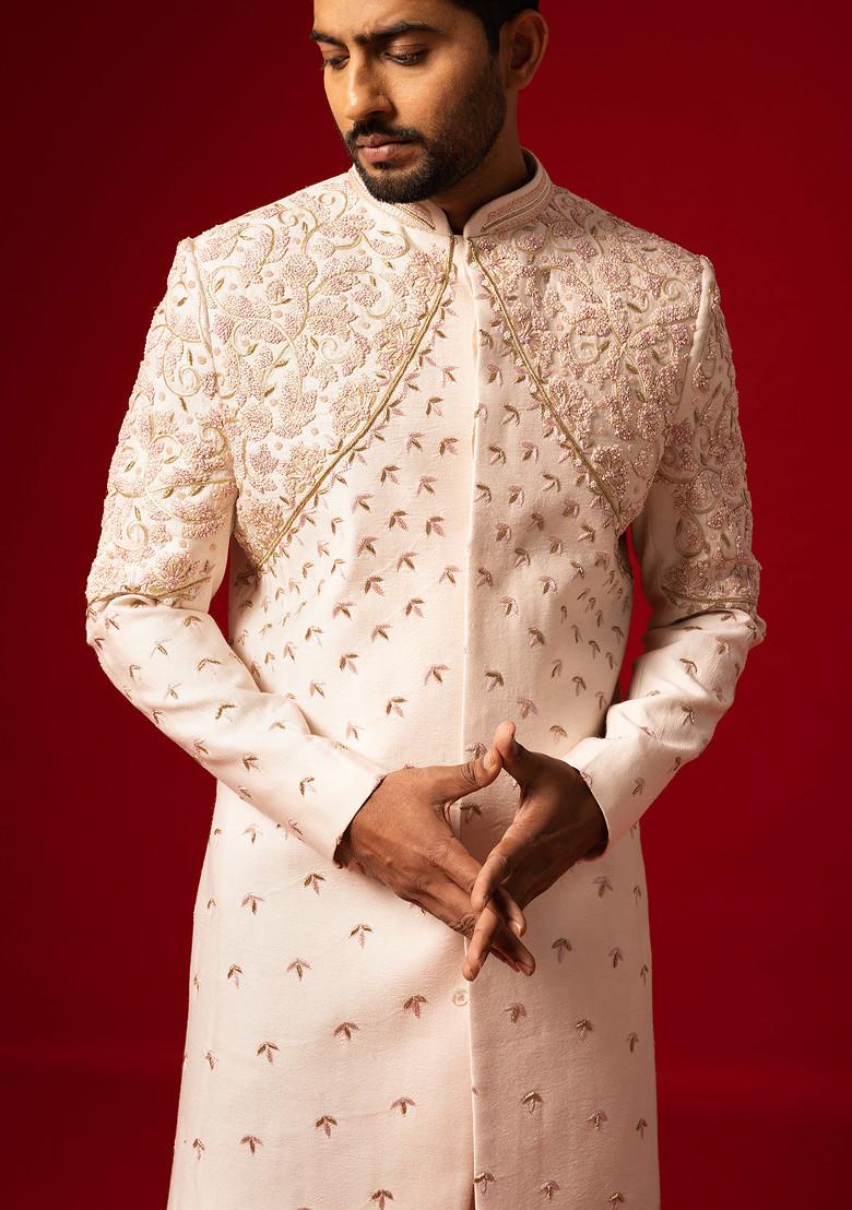 Rose Gold Embroidered Silk Sherwani Set For Men